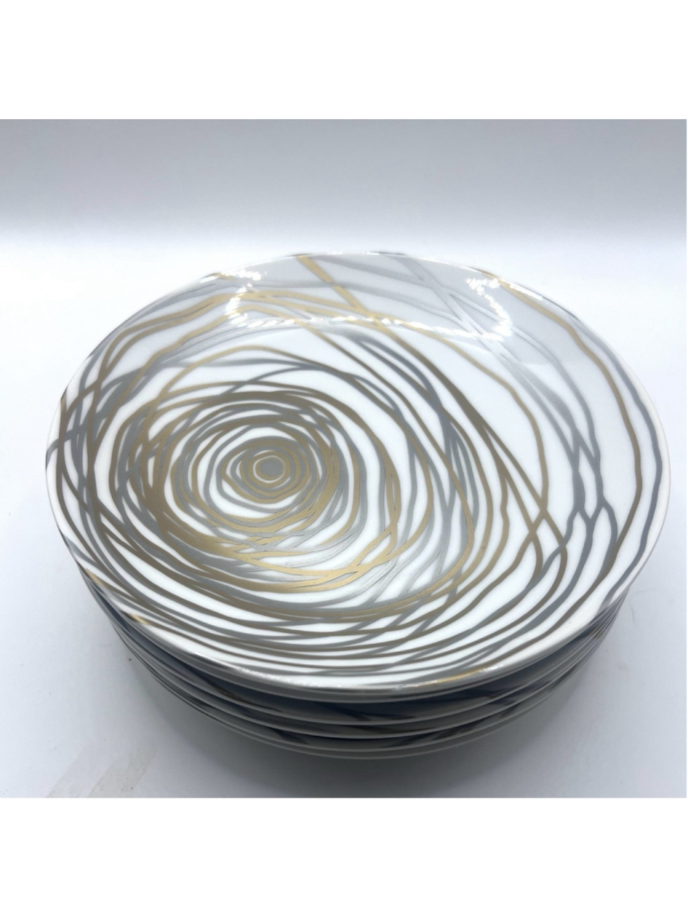 Set of (6) Crate And Barrel Soiree Dessert Snack Plates Gold Silver Swirls 6.5”
